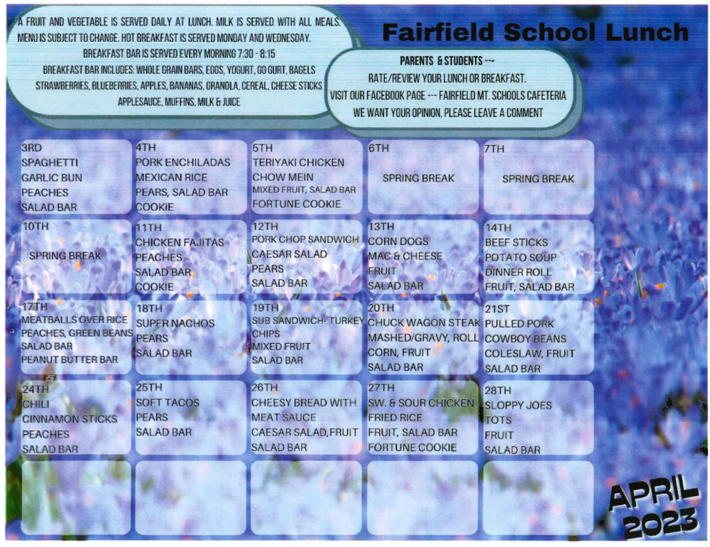 April Lunch Menu
